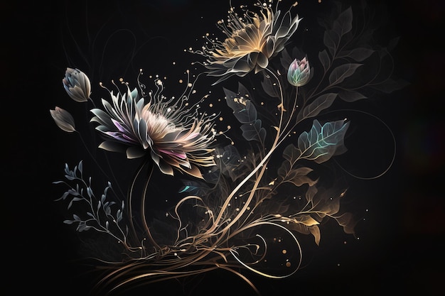 Diseño de arte de ilustraciones de flores brillantes para póster, impresión o digital, aislado en negro oscuro