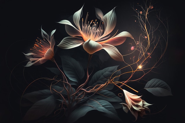 Diseño de arte de ilustraciones de flores brillantes para póster, impresión o digital, aislado en negro oscuro