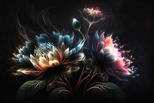 Diseño de arte de ilustraciones de flores brillantes para póster, impresión o digital, aislado en negro oscuro