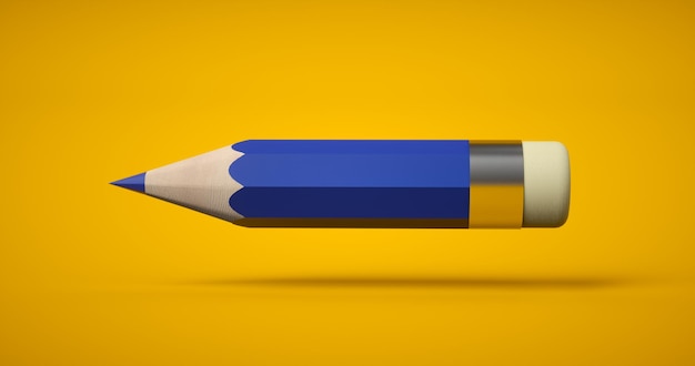 Diseño de arte de lápiz de dibujo azul o equipo de papelería de educación sobre fondo amarillo Representación 3D