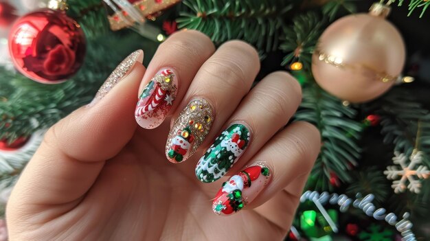 Diseño de arte de uñas con temática navideña para celebraciones navideñas e inspiración de moda de invierno