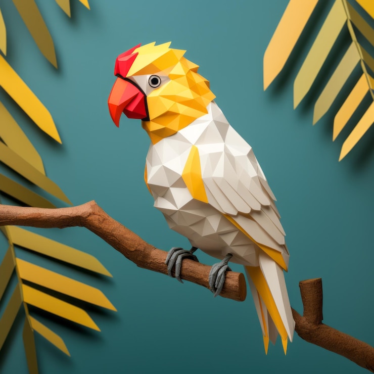 Foto diseño de la artesanía de papel diy polygon cockatiel en la rama de un árbol