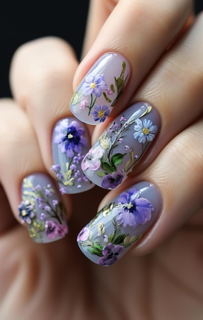 diseño artístico de uñas púrpura y blanco con una flor púrpura