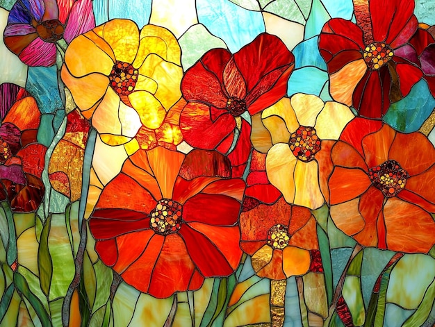 Diseño de azulejos de mosaico de vidrio pintado de flores de otoño en tonos de rojo claro rojo naranja y amarillo
