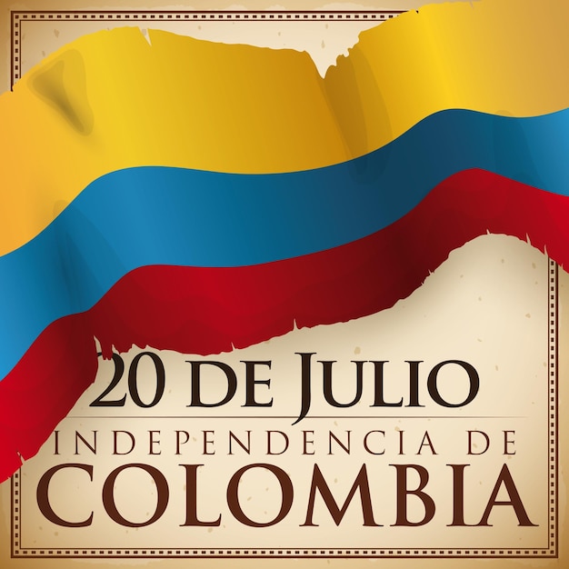 Foto diseño con bandera desgarrada en un pergamino para el día de la independencia de colombia el 20 de julio