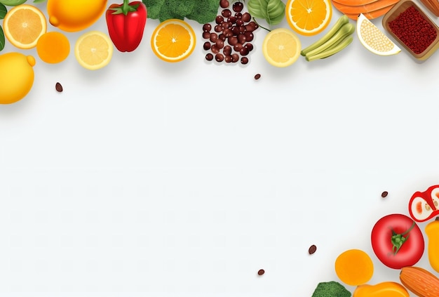 Diseño de banner blanco con fondo de frutas.