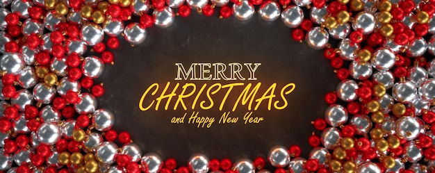 Diseño de banner de feliz Navidad Decoraciones de bolas rojas y doradas planas en el fondo Estilo vintage Vista superior de la endecha plana Ilustración 3d