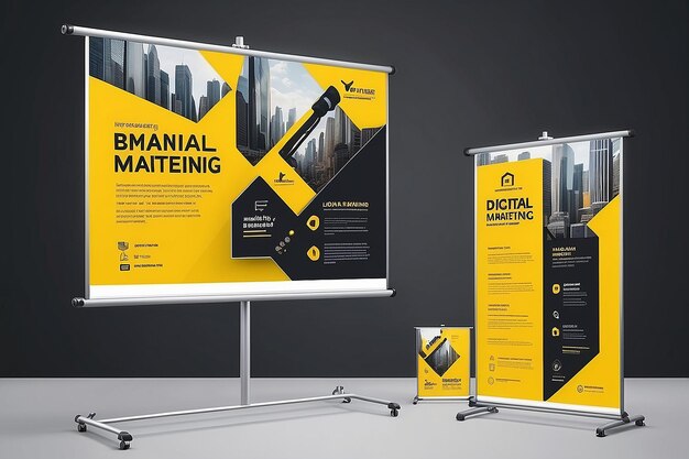 Un diseño de banner de marketing digital amarillo y un folleto