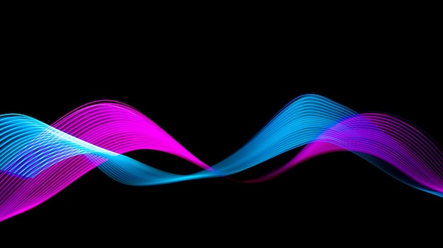 Diseño de banner de ondas modernas. Líneas de tecnología neón azul y rosa sobre fondo negro.