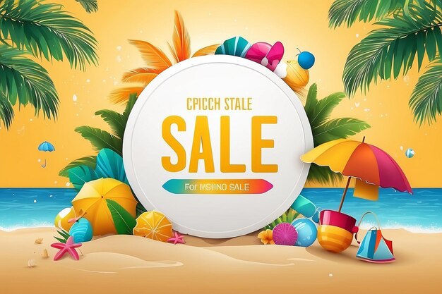 Diseño de banner vectorial de venta de verano para promoción con elementos de playa coloridos detrás de blanco