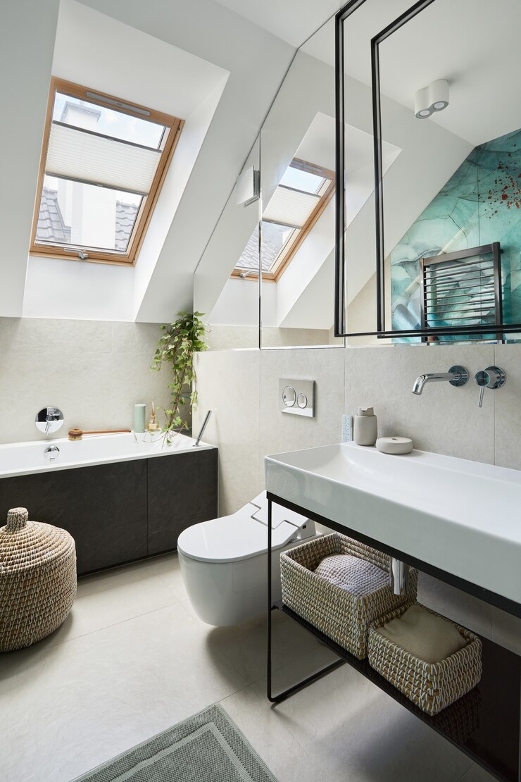 Diseño de baño elegante con paneles pintados en verde en la pared. Bañera, toallas, cestas de ratán y otros accesorios personales. Concepto interior glamour. Plantilla.