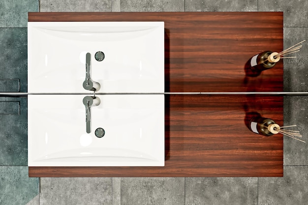 Diseño de baño moderno con baldosas de hormigón y madera.