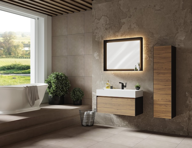 Diseño de baño con mueble, espejo y bañera 3d render
