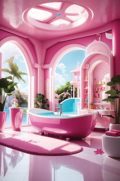 Foto diseño de baño rosa con bañera y encuesta.