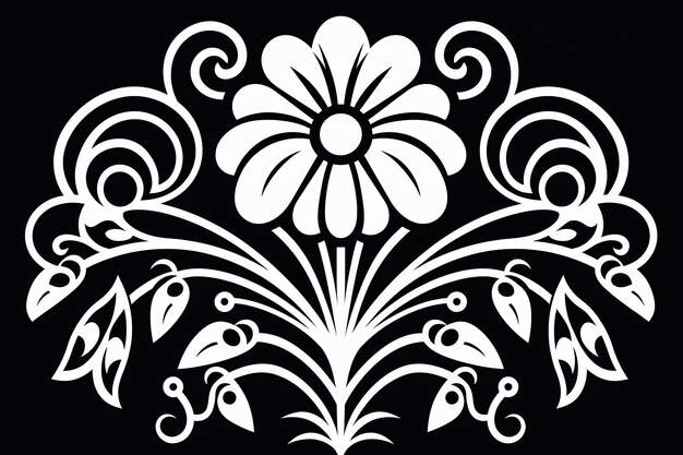 un diseño en blanco y negro con una flor y una flor blanca.