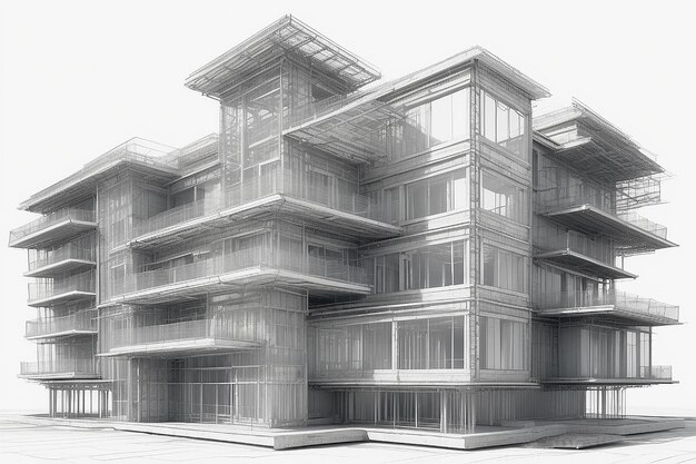 Diseño de boceto de edificio renderizado de marco de alambre 3D