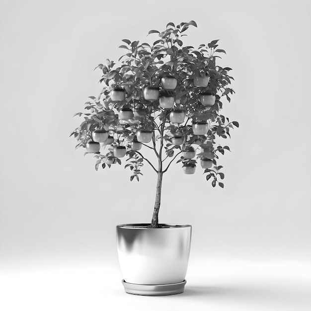 Diseño de bonsai de árbol de manzana en bañera blanca decoración realista 3d renderizado en fondo blanco