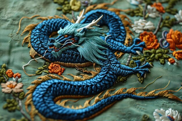 Diseño de bordado hermoso dragón azul