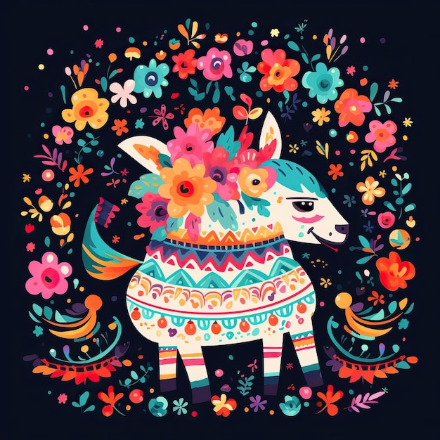 Diseño de bordado mexicano que representa una piata festiva adornada con cintas de colores