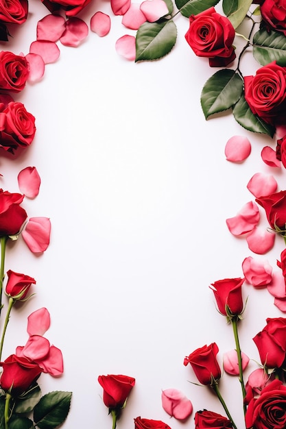 El diseño del borde de San Valentín con rosas rojas y motivos románticos que rodean un espacio en blanco