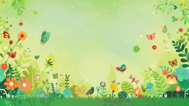 Diseño de bordes con imágenes coloridas de dibujos animados y cuentos de hadas infantiles aislados en un fondo verde