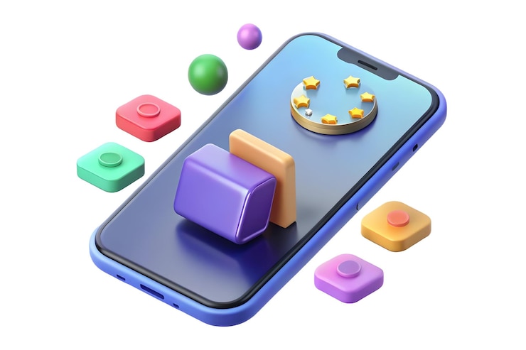 Foto diseño brillante de teléfono inteligente en fondo blanco plano con icono holográfico flotante de venta al por menor y negocios