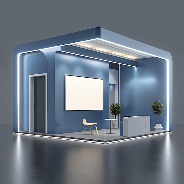 Diseño de cabina 3D para un stand de exposición de pantalla de tema de color azul y blanco con pantalla LED en blanco