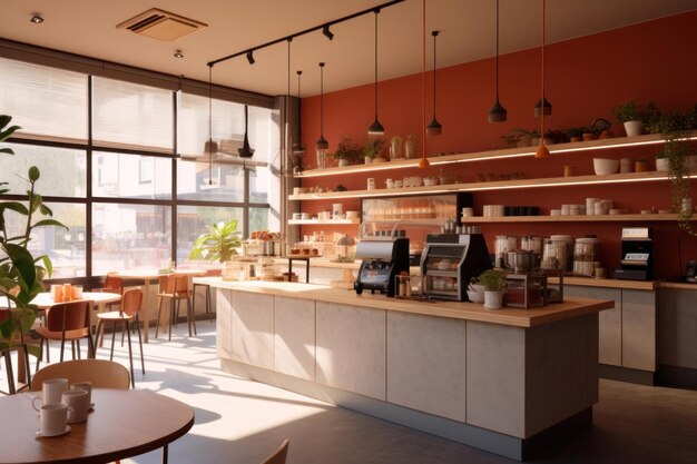 Foto diseño de una cafetería con mostrador de cocina y zona de estar