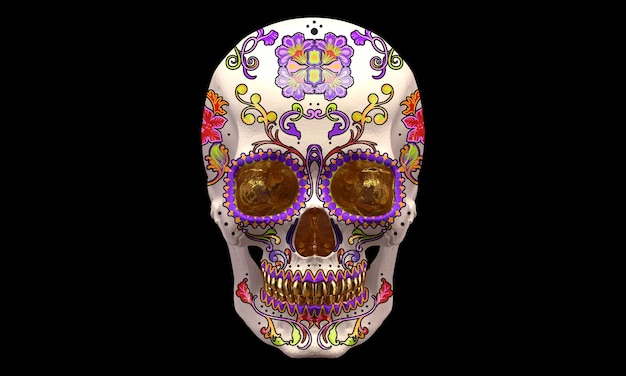 Diseño de calavera mexicana con ornamentación colorida. Dia de los Muertos.