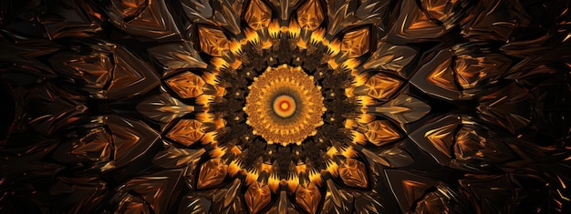 Diseño de caleidoscopio abstracto con geometría intrincada Composición energética de fractales estallido de sol radiante y flores naranjas brillantes AI Generativo