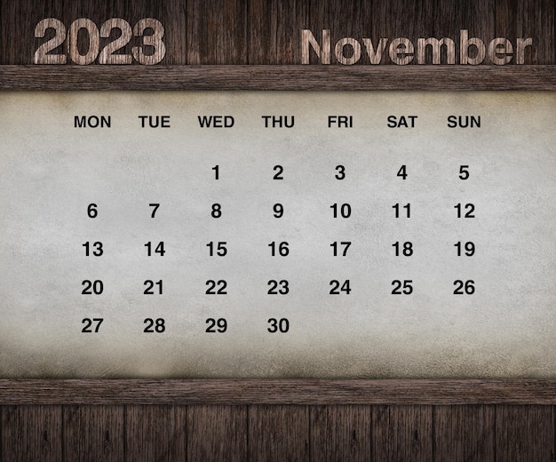 Diseño de calendario para 2023. Pared gruesa sobre fondo de madera. Conjunto de 12 calendarios.