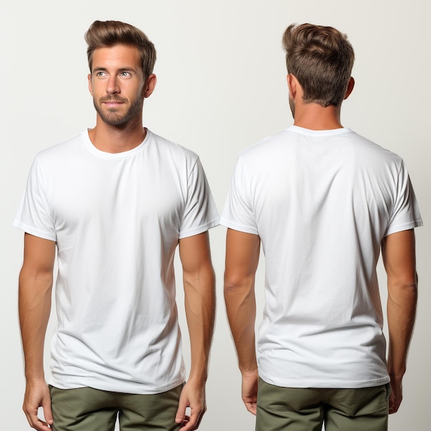 Diseño de camisa y concepto de personas primer plano de hombre joven en camiseta blanca en blanco delante y detrás aislado
