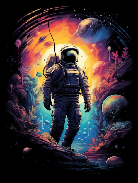 Foto diseño de camiseta con un astronauta vestido con una camisa negra renderizada en un estilo de tonos de ensueño