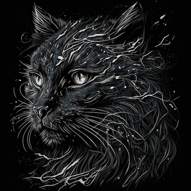 Diseño de camiseta de cara de gato sobre fondo negro generativo AI