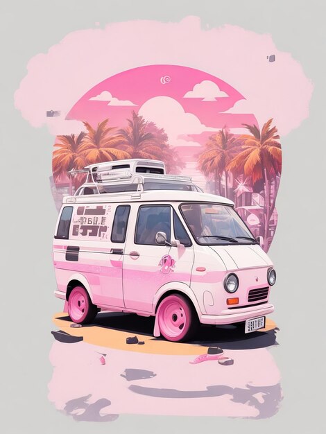 Foto diseño de camiseta de coche vector playa fondo rosa