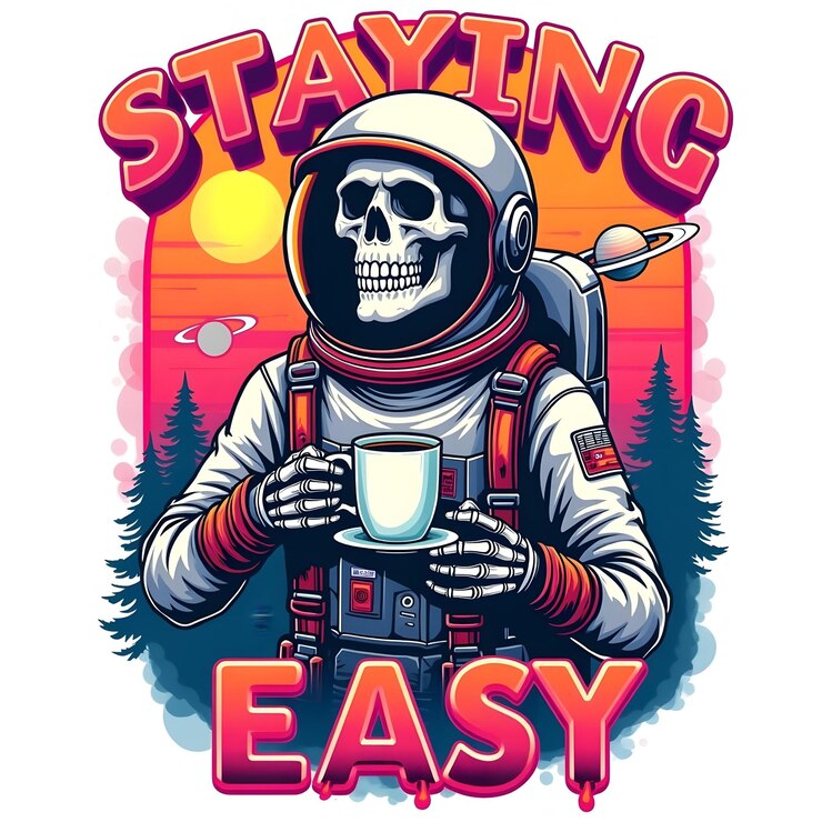 El diseño de la camiseta del cráneo del astronauta Cosmic Coffee Vibes