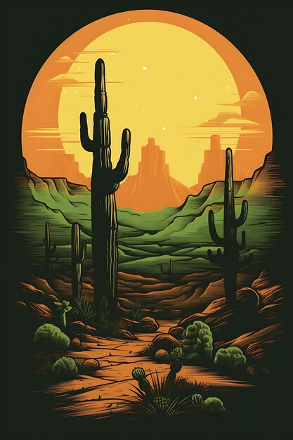 Diseño de camiseta de desierto de cactus con un coyote color verde apagado y marrón Arte de tinta plana 2D