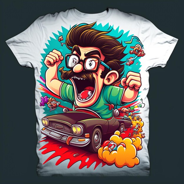 Foto diseño de camiseta de dibujos animados de un hombre conduciendo un automóvil con bigote ai generativo