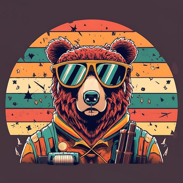 Diseño de camiseta con disfraz de comando de oso y armas.