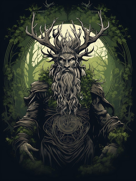 Diseño de camiseta de druida celta que conjura la naturaleza mágica expresión serena arte vectorial plano 2D terroso