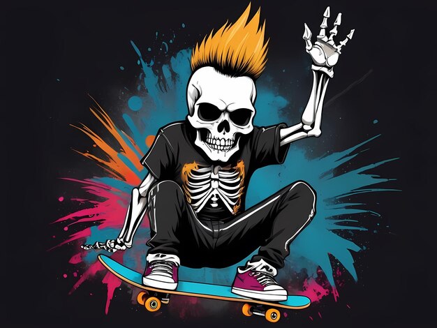 diseño de camiseta esqueleto con cabello mohawk y traje punk jugando a skateboard obra de arte vectorial