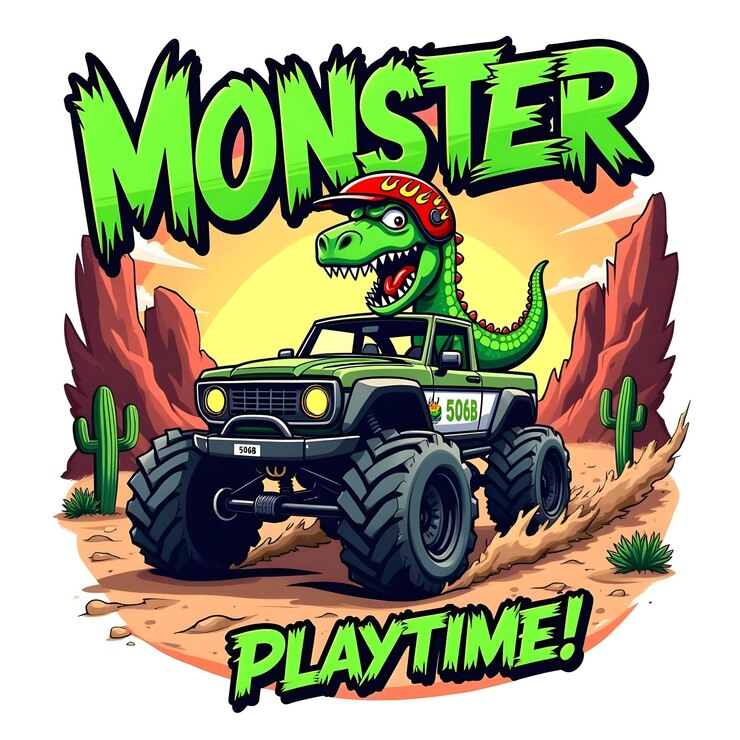 El diseño de la camiseta de la explosión del camión monstruo con un ambiente lúdico y de aventura