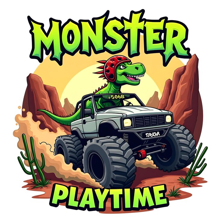 El diseño de la camiseta de la explosión del camión monstruo con un ambiente lúdico y de aventura