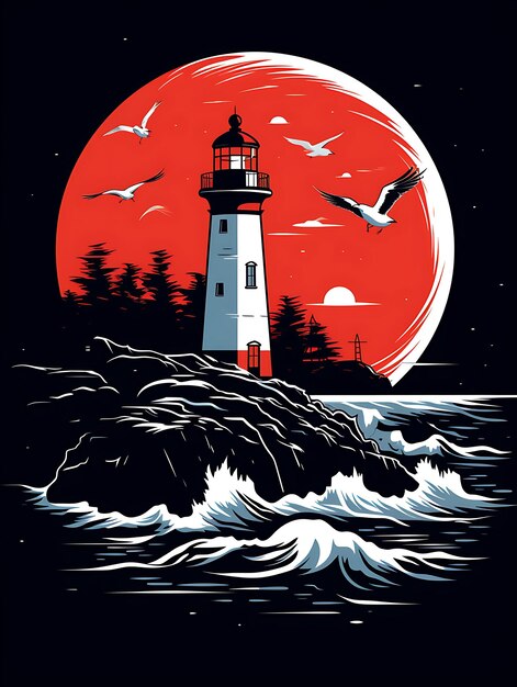 Diseño de camiseta de un faro costero con gaviotas rompiendo olas de color rojo brillante, un arte de tinta plana en 2D