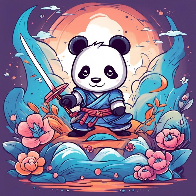 diseño de camiseta gráfico bonito dibujos animados panda samurai katana espada salvaje estilo infantil blanco completo whi