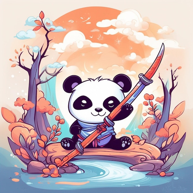 diseño camiseta gráfico bonito dibujos animados panda samurai katana espada salvaje estilo infantil blanco completo