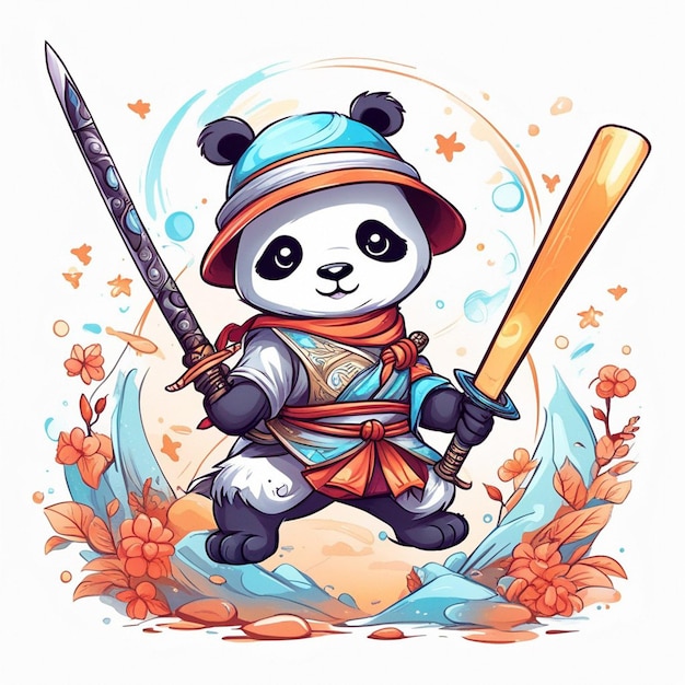 diseño camiseta gráfico bonito dibujos animados panda samurai katana espada salvaje estilo infantil blanco completo