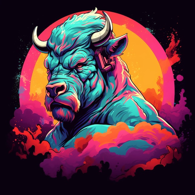 diseño de camiseta gráfico de un gigante muscular con cabeza de toro ilustración colorida