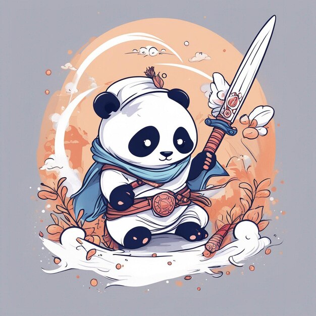 diseño camiseta gráfico lindo dibujos animados panda samurai katana espada wilding completo blanco niños estilo