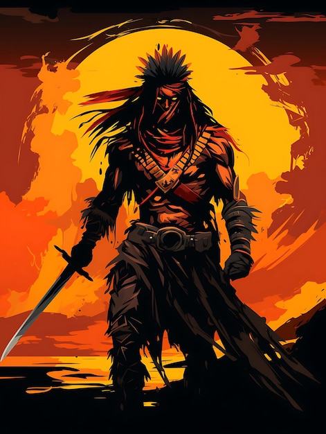 Diseño de camiseta de guerrero apache con una expresión desafiante de Tomahawk, grito ardiente, arte vectorial plano 2D